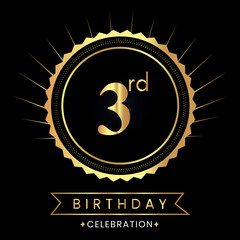Fototapeta premium Happy 3rd birthday with gold badges isolated on black background. Premium design for poster, banner, birthday card, greeting card, birthday celebrations, invitation card, congratulations.