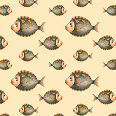 flounder fish swimming in different directions seamless pattern light yellow background