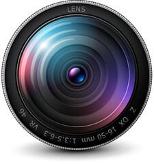 Camera photo lens 3D icon, realistic technology symbol design, vector illustration.