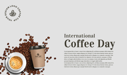 international coffee day background template simple style 3d realistic and clean with cup coffee,take away coffee and coffee beans. - Powered by Adobe