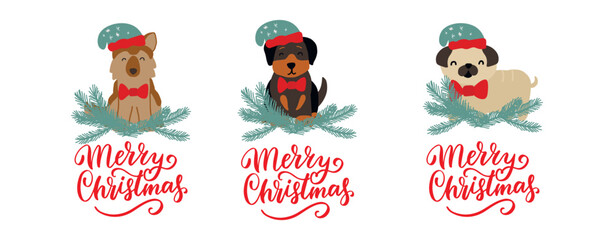 Christmas puppy dogs set german shepherd, pug, rottweiler. Merry Christmas for dog lover. Cute cartoon vector illustration. Holidays design element for greeting cards, stickers, t shirt, poster.
