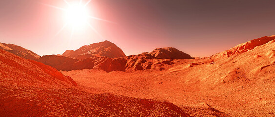 Mars planet background, 3d render of imaginary mars planet terrain, orange eroded desert with mountains and glaring rising sun, realistic science fiction mars landscape illustration.