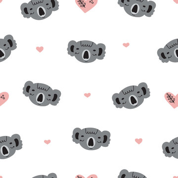Seamless pattern with cute koala head and hearts. Vector illustration isolated on white background for nursery and textile decoration