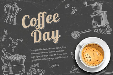 Coffee template ads with 3d illustration realistic latte style decorations on chalkboard background.