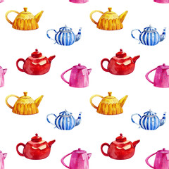 Seamless pattern with teapots. Watercolor illustration.