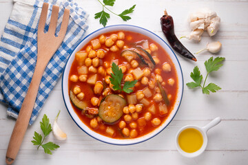 Chickpea stew with vegetables. Typical Spanish vegan recipe.
