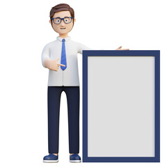 young office worker holding blank board page 3d character illustration