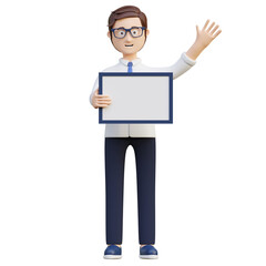 young office worker holding blank board page and waving hand 3d character illustration