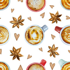 Watercolor seamless coffee break pattern. Cup of coffee, capuccino, latte, croissants. Cozy autumn design.