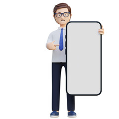 young office worker pointing smart phone showing blank screen ad template 3d character illustration
