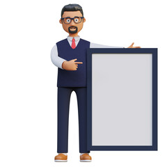 happy businessman holding blank board page 3d character illustration