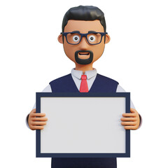 happy businessman holding blank board page 3d close up view character illustration