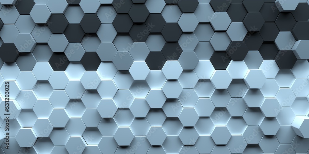 Poster 3d image of a decorative panel from multi-colored hexagons. background and texture