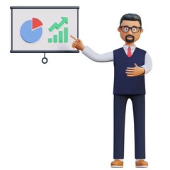 happy businessman presenting business report analytic 3d character illustration