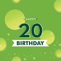 20th Birthday celebration with yellow-green circle isolated on green background. Premium design for poster, banner, greeting card, birthday party, happy birthday card, and celebration events. 