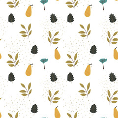 Seamless autumn pattern with abstract plants, pumpkin, leaves, twigs, in a gentle palette.