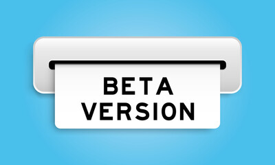 White coupon banner with word beta version from machine on blue color background