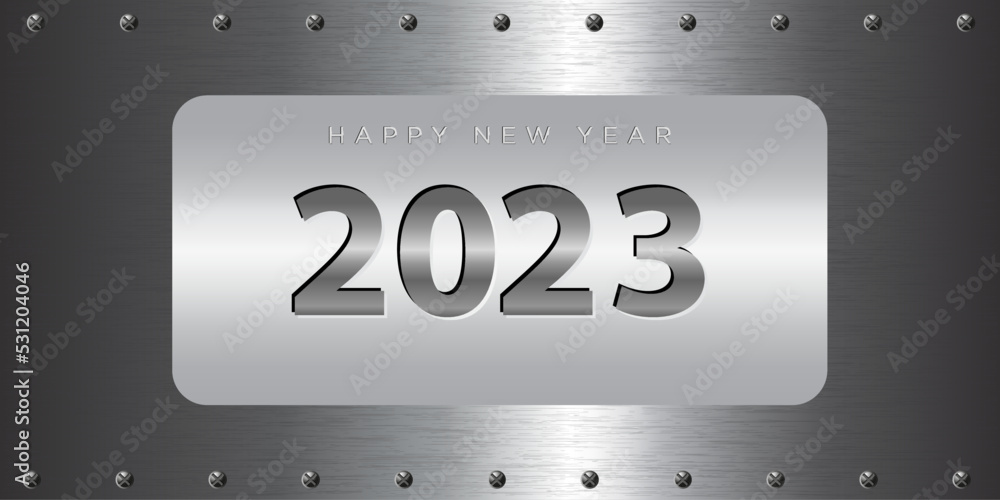 Poster 2023 happy new year metallic numbers on metal plate. 2023 symbol bold letters 3d vector with metalli
