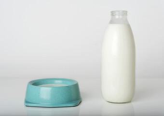 A pet bowl filled with milk next to a glass bottle filled with milk.