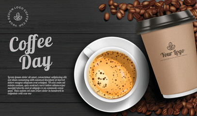 Coffee ads retro style template with coffee take away,coffee cup and coffee beans in top wooden table realistic 3d illustration.