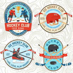 Ice Hockey club logo, badge embroidered patch. Concept for shirt or logo, print, stamp or tee. Winter sport. Vintage typography design with player, sticker, puck and skates silhouette. Vector.