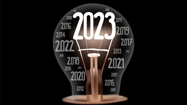 Shining single light bulb with fiber in a shape of number 2023 isolated on black background. New Year concept. High quality 4k video.