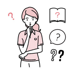 立って手をあごにあてて疑問を感じているポロシャツの女性 クエスチョンマークのセット