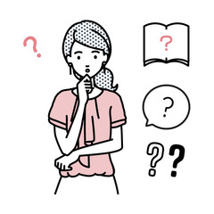 立って手をあごにあてて疑問を感じているオフィスカジュアルの女性 クエスチョンマークのセット