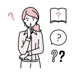 立って手をあごにあてて疑問を感じているブラウスの女性 クエスチョンマークのセット