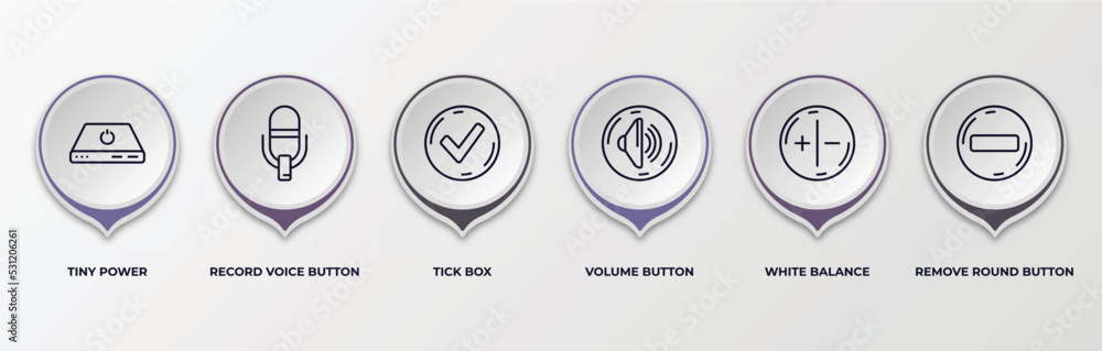 Aufkleber infographic template with outline icons. infographic for user interface concept. included tiny power