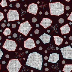 Seamless geometric pattern of circles, textured polygons and abstract plants on a dark background for textile.