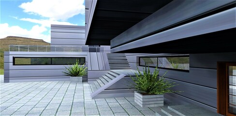 Compact cozy courtyard of a stylish country house designed in a minimalist style. Plants in flowerpots, stairs to the terrace and concrete tiles as paving stones. 3d render.