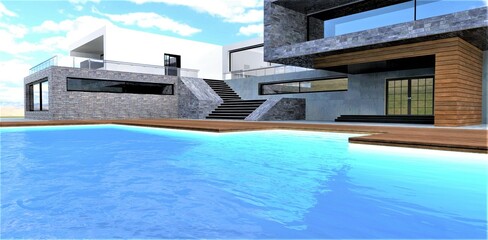 Cool blue water splashes in the pool on the grounds of the stylish estate. The staircase is visible through the surface. 3d render.