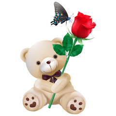 Teddy bear hug rose flower and butterfly isolated on background, illustration.