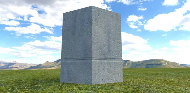 Tombstone of an unknown grave in the shape of a parallelepiped. Around a clearing with green grass. A mountain valley is visible in the distance. 3d render.