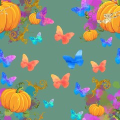 seamless pattern with pumpkins, Halloween illustration.