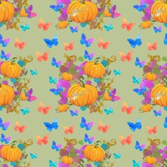 Halloween seamless pattern. Pumpkins, butterflies, flowers background.