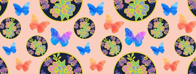 Flowers  with butterflies design. Watercolour wallpaper, ornaments. Seamless pattern.