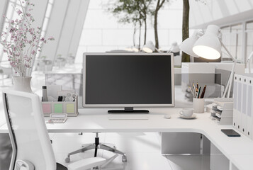 Empty computer screen for copy space with blurry modern style white office background 3d render illustration.