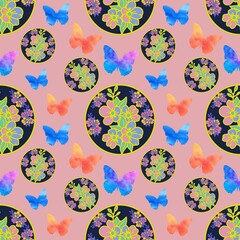 Flower seamless pattern, wallpaper, fabric, Butterflies, floral circle, watercolour elements, Chinese art style.