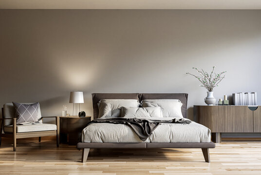 Modern contemporary bedroom 3d render The rooms have wooden floors and empty gray walls,Furnished with wooden furniture