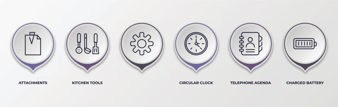 infographic template with outline icons. infographic for tools and utensils concept. included attachments, kitchen tools, , circular clock, telephone agenda, charged battery editable vector.