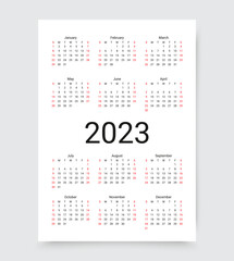 Calendar 2023 year. Week starts Sunday. Template of pocket or wall calenders. Yearly organizer with 12 month. Stationery layout in simple design. Portrait orientation, English. Vector illustration