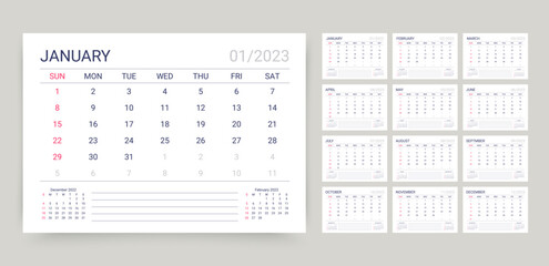 2023 calendar. Calender template. Desk planner organizer. Yearly schedule layout. Week starts Sunday. Table monthly grid with 12 month. Vector illustration. Horizontal simple design. Paper size A5