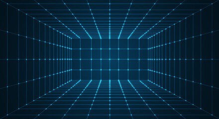 Futuristic 3D wireframe room. Perspective grid. Futuristic digital hallway space in virtual reality © natrot