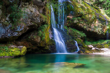 Fototapeta na wymiar Long exposure Slap Virje waterfall in Bovec, Slovenia