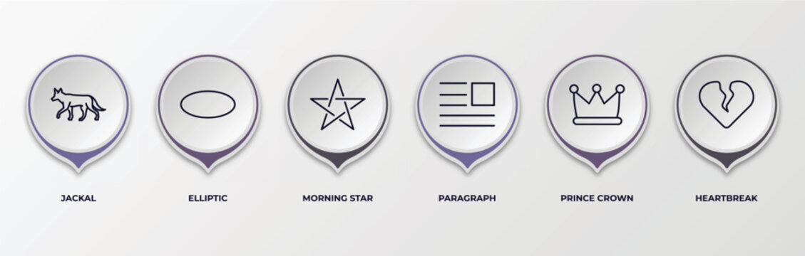 infographic template with outline icons. infographic for shapes concept. included jackal, elliptic, morning star, paragraph, prince crown, heartbreak editable vector.