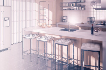 Naklejka premium Zeichnung einer modernen Loft-Küche - 3D Visualisierung