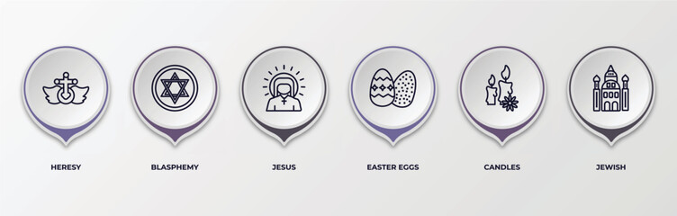 infographic template with outline icons. infographic for religion concept. included heresy, blasphemy, jesus, easter eggs, candles, jewish editable vector.