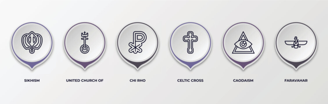 infographic template with outline icons. infographic for religion concept. included sikhism, united church of christ, chi rho, celtic cross, caodaism, faravahar editable vector.